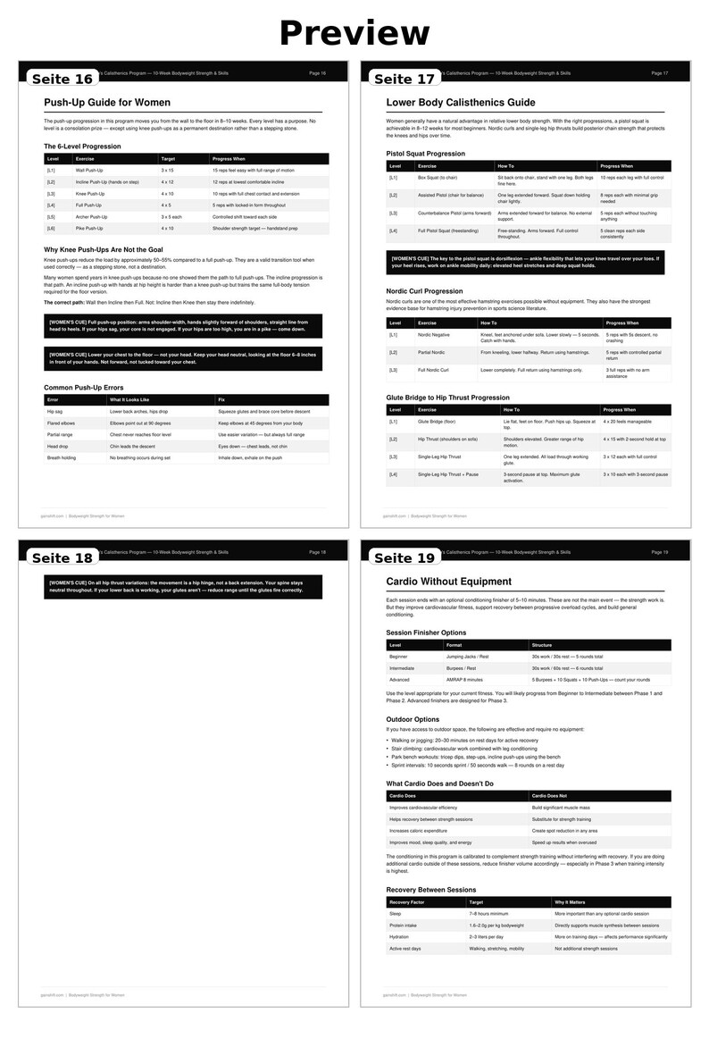 K&ouml;nnte beinhalten: Ein schwarz-wei&szlig;es Dokument mit Text und Tabellen, das Trainingsanleitungen f&uuml;r Frauen detailliert, einschlie&szlig;lich Liegest&uuml;tz-Progressionen, Unterk&ouml;rper-Calisthenics und Cardio-&Uuml;bungen. Das Dokument tr&auml;gt den Titel "Vorschau".