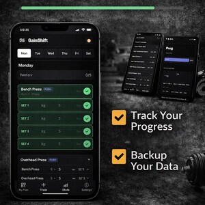 May include: A smartphone shows the GainShift app interface, with workout tracking features. The app's interface is black and green, with options to track progress and back up data. The text "ACHIEVE YOUR FITNESS GOALS" is at the top.