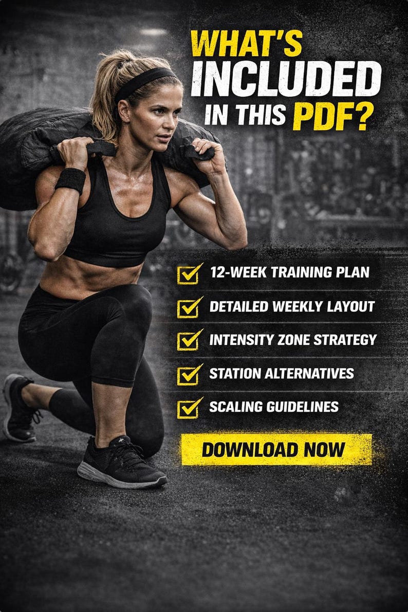 Może przedstawiać: Kobieta w czarnym stroju sportowym klęczy, trzymając worek z piaskiem na ramionach. Tekst brzmi "WHAT'S INCLUDED IN THIS PDF?" a następnie lista funkcji treningowych i przycisk "DOWNLOAD NOW".