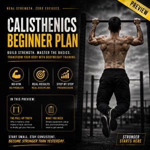 以下が含まれることがあります： 「Calisthenics Beginner Plan」のテキストと懸垂をしている人のフィットネスグラフィック。このプランは、自重トレーニングで強さを構築し、基本をマスターすることを約束します。プレビューには、懸垂と機器に関する情報が含まれています。