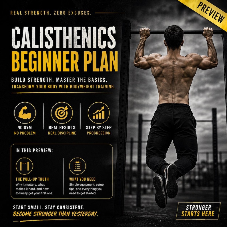 以下が含まれることがあります： 「Calisthenics Beginner Plan」のテキストと懸垂をしている人のフィットネスグラフィック。このプランは、自重トレーニングで強さを構築し、基本をマスターすることを約束します。プレビューには、懸垂と機器に関する情報が含まれています。