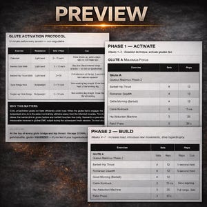 Op de afbeelding: Een fitnessgids met het woord 'PREVIEW' bovenaan. Het bevat trainingsroutines voor gluteus-activering, inclusief oefeningen zoals clamshells en hip thrusts. De gids is ontworpen om gebruikers te helpen hun glutes te activeren voor trainingen.