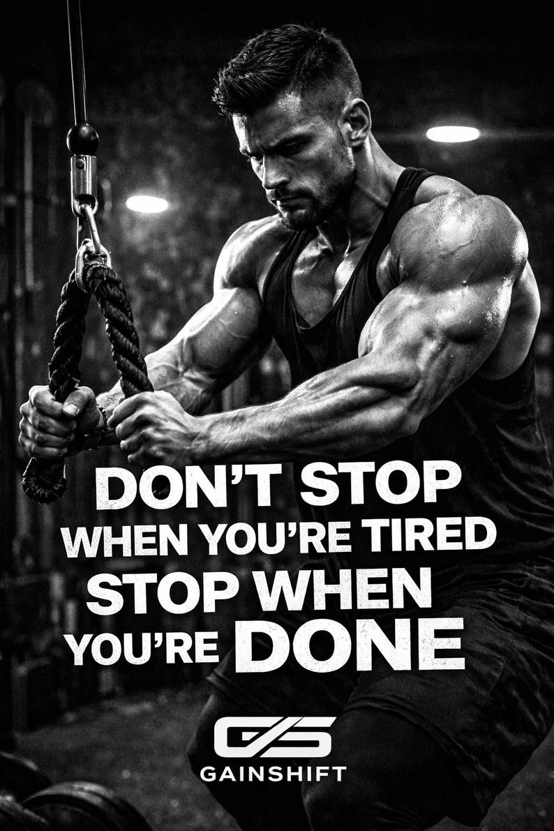 May include: Black and white motivational poster featuring a muscular person working out. The text reads "DON'T STOP WHEN YOU'RE TIRED STOP WHEN YOU'RE DONE" with the Gainshift logo. The image is a grayscale photograph.