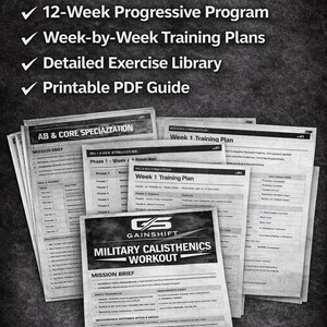 K&ouml;nnte beinhalten: Ein Graustufenbild, das ein Fitnessprogramm zeigt. Der Text &bdquo;WAS ENTHALTEN IST&ldquo; steht oben, gefolgt von einer Liste von Funktionen. Mehrere gedruckte Dokumente sind sichtbar, darunter Trainingspl&auml;ne und ein Leitfaden.