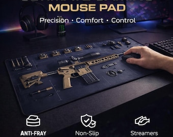 XL Gaming Mouse Pad - Tactical Desk Mat, Extended Mousepad, Non-Slip Rubber Base, Stitched Edges, Large Gamer Desk Setup, Rifle Blueprint