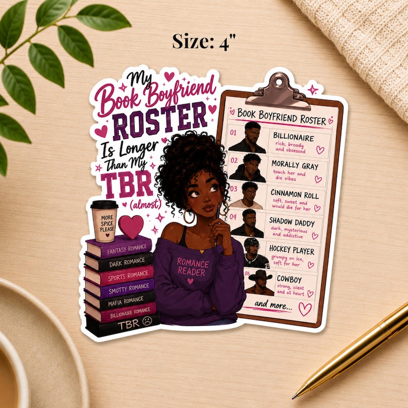 May include: A 4-inch sticker featuring a dark-skinned woman with curly hair, a purple sweater, and the words "Romance Reader." The sticker includes a "Book Boyfriend Roster" and a stack of books labeled with romance genres.