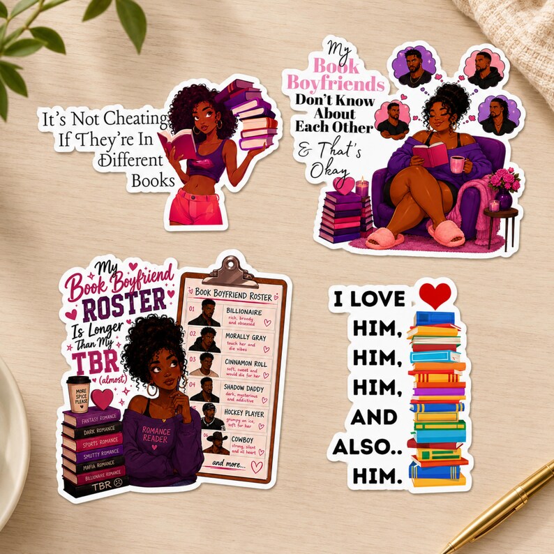 May include: A collection of colorful stickers with illustrations and text related to books and reading. The stickers feature images of women, stacks of books, and phrases like "My Book Boyfriends" and "I Love Him". The color palette includes pink, purple, and blue.