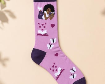 Bookish Crew Socks, Black Romance Reader Gift, Lavender Reading Socks, Book Lover Socks, Romance Bookish Gift, Cozy Reader Socks