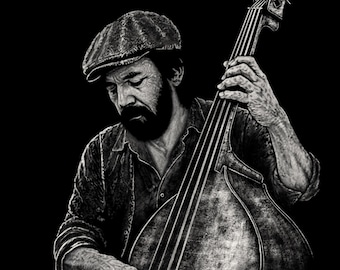 Blues Session Bass Player-shirt met print | Vintage T-shirt jazzmuzikant, cadeau contrabassist, uniseks kleding voor esthetische muziekfestival
