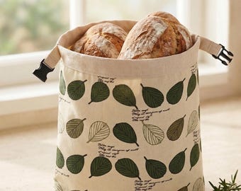 Großer Brotbeutel aus Bienenwachs, Bio-Baumwolle mit botanischem Blattmuster (44x33cm)