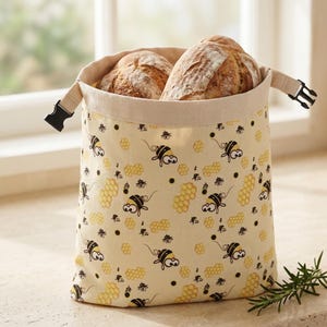 Saco para pão de cera de abelha, algodão orgânico, estampa de abelha de desenho animado, recipiente grande para pão de fermentação natural, alça ajustável com fivela.
