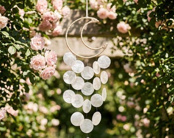 Dzwonek wietrzny Cottagecore Moon Wind Chime | Nowoczesny, estetyczny wystrój pokoju | Wisząca ozdoba z muszli morskiej | Prezent ogrodowy dla mamy | Minimalistyczna ozdoba na werandę