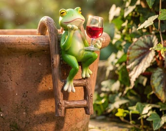 Estatua de rana con copa de vino para decoración de jardín, figura caprichosa para cerca, adorno de escalera de resina para exteriores, regalo artístico para patio