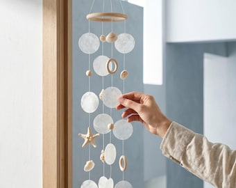 White Capiz Shell Wind Chime, Coastal Garden Decor, Nautical Beach House Wall Hanging, Melodious Outdoor Windchime, Gift for Ocean Lover