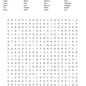 Puede incluir: Un juego de búsqueda de palabras en español titulado "Elementos químicos". El rompecabezas presenta una cuadrícula de letras y una lista de elementos químicos para encontrar, como Argón, Cobre e Hierro. El texto es negro.
