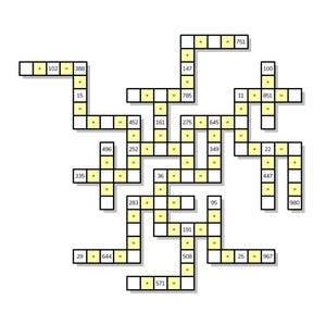 May include: A white background features a math puzzle with black boxes and yellow numbers. Addition problems are arranged in a crossword-like format. The puzzle includes numbers like 102, 388, 15, 452, 161, 275, 645, 349, 22, 447, 980.