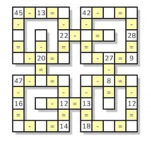 Puede incluir: Un rompecabezas matemático en blanco y negro con números y espacios en blanco para las respuestas. El rompecabezas incluye problemas de suma y resta. Los números están en una cuadrícula negra con espacios resaltados en amarillo.