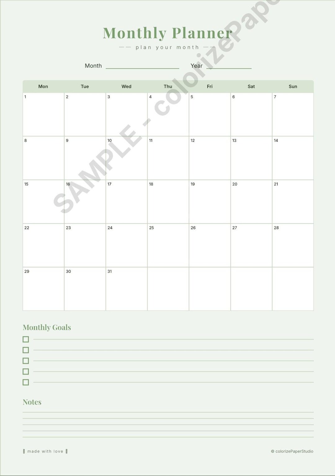 Printable Monthly Planner A4 | 5 Color Themes | Minimalist Undated