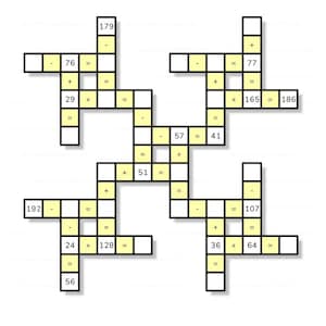 May include: A white and yellow math puzzle featuring numbers and equations. The puzzle presents addition and subtraction problems in a grid format. Black numbers are set against a white background, with yellow boxes.