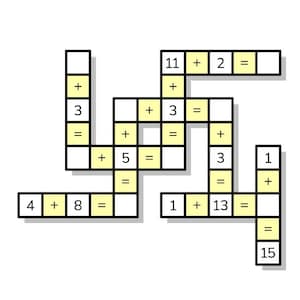 Puede incluir: Un crucigrama matemático blanco y amarillo con problemas de suma. El rompecabezas incluye ecuaciones como 4 + 8 =, 11 + 2 =, y 1 + 13 =. Los números y símbolos son en negro.