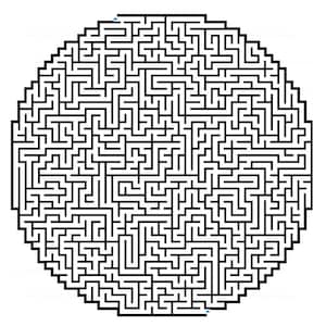 Puede incluir: Un laberinto circular en blanco y negro con un diseño complejo e intrincado. El laberinto está compuesto por numerosos caminos interconectados y callejones sin salida, creando un rompecabezas desafiante. La imagen es un gráfico de alto contraste, perfecto para rompecabezas y acertijos.