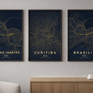 Brazil City Map Print Set of 10, Navy Blue Gold Wall Art, Printable Poster Bundle, Rio Sao Paulo Brasilia Curitiba Recife
