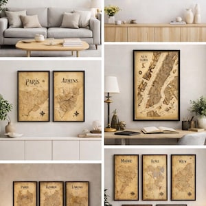 Puede incluir: Colección de impresiones enmarcadas de mapas de ciudades, incluyendo Florencia, El Cairo y Tokio, exhibidas en una pared. Los mapas tienen una estética vintage con un tono sepia y están encerrados en marcos negros. El tema general es viajes y decoración del hogar.