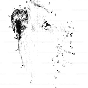 Peut inclure: Puzzle point à point en noir et blanc représentant la tête d'un lion de profil. L'image montre le contour du visage, de l'œil et de la crinière du lion, avec des points numérotés à relier. Une activité amusante pour tous les âges.