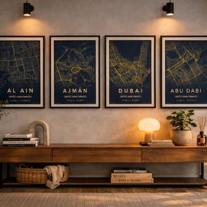 UAE City Map Wall Art Set of 6, Printable Blue Gold City Posters, Dubai Abu Dhabi Sharjah Ajman Al Ain Ras Al Khaimah, Digital Download