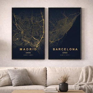Spain City Map Print Set of 10, Navy Gold Wall Art, Madrid Barcelona Valencia Seville Malaga Bilbao Alicante Granada Murcia Valladolid