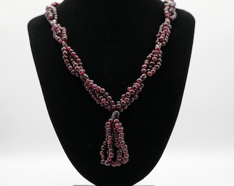 Genuine Garnet Multi-Strand Necklace, Tassel Drop, Gold Tone Barrel Clasp