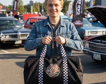 Pontiac Retro Logo duffel bag | vintage car emblem, checkered strap