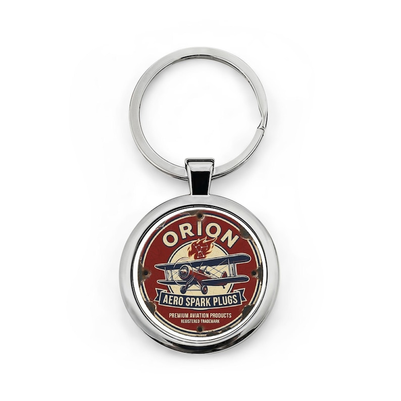 Orion Aero Spark Plugs Keychain | Vintage Biplane Stainless Steel Accessory image 1