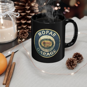 Mopar Garage Logo Mug | Vintage Ceramic Coffee Cup, Retro Mechanic Decor