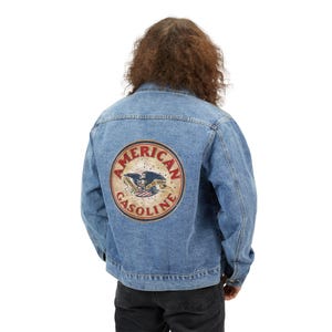American Gasoline logo Denim Jacket | Vintage Petrol Patch /Garage Decor/Retro/Mechanic Gift/Fathers Day/Man Cave