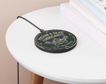 Kolben- und Zahnradschmiermittel Wireless aufgeladen werden | Vintage verrostetes blaues Auto-Emblem