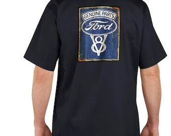 Ford Genuine Parts V8 - Camisa de trabajo gráfica para mecánicos, manga corta, para gasolinera, regalo para mecánicos, muscle car, letrero vintage