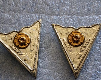 Vintage Western Collar Tips Sterling Silver & 10K Gold Hand Engraved Floral Cowboy Accessories