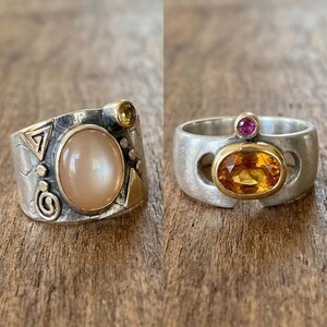 Pierścionek Sabine Collings ze złota 14K, srebra próby 925, kolekcji vintage, mieszanych metali, kamienia księżycowego, cytrynu i rubinu, ciężkich, rzemieślniczych pierścionków typu statement
