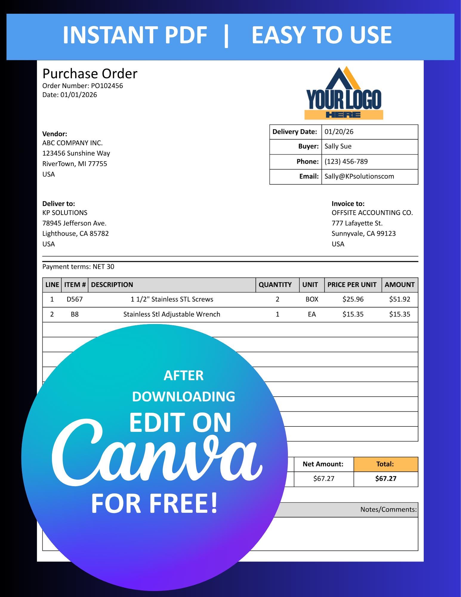 Editable Purchase Order Template | Small Business Order Form (digital ...