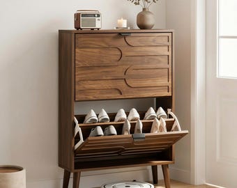 Slim Entryway Shoe Cabinet, Mid-Century Modern Farmhouse Organizer, 2 Flip Drawers