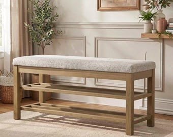 Upholstered Entryway Bench, Mid-Century Wood Storage Shoe Rack Seating