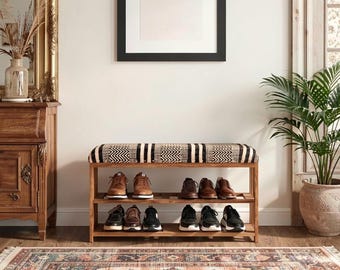 Boho Entryway Shoe Bench with Patterned Cotton Seat, Solid Acacia Wood Storage Bench