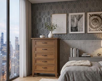 Modern 5-Drawer Dresser, Oak Vertical Chest of Drawers, Elegant Bedroom Clothing Organizer with Framed Drawer Fronts and Metal Handles