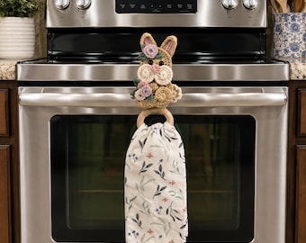 Boho Bunny Towel Holder | Crochet Kitchen Towel Ring | Farmhouse Kitchen Decor | Cute Country Cow Gift | Rustic Home Decor