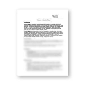 Puede incluir: Una hoja de papel blanca con el título "Malware Protection Policy" y texto que detalla el cumplimiento de las regulaciones de información de salud. El documento incluye secciones sobre introducción y responsabilidades de la entidad.