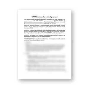 Könnte beinhalten: Ein weißes Dokument mit dem Titel "HIPAA Business Associate Agreement" mit Text und leeren Feldern zum Ausfüllen. Das Dokument befindet sich auf weißem Hintergrund.