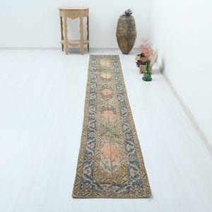 May include: A long, narrow rectangular rug featuring a repeating pattern of geometric medallions in shades of muted peach, sage green, and deep blue, set against a tan background with a detailed border framing the entire length of the piece.