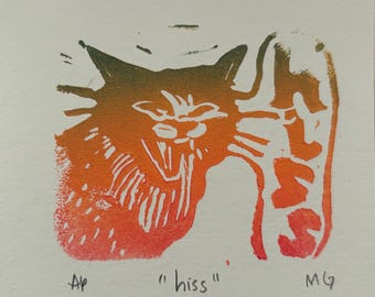 Hiss Cat Mini Linocut Print