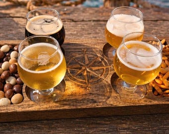 Nautical Beer Flight Paddle, Compass Engraved Wood Tasting Tray, Cleat Handles (4x 5oz Glasses)